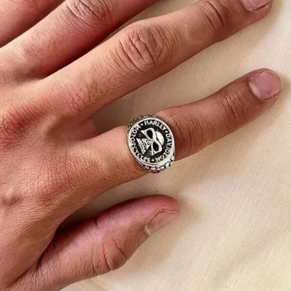 Vintage Harley biker flame skull silver chrome ring